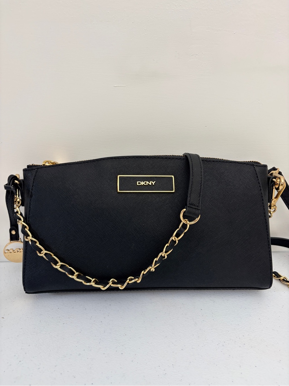 DKNY Black Crossbody Bag with Gold Chain Accent
